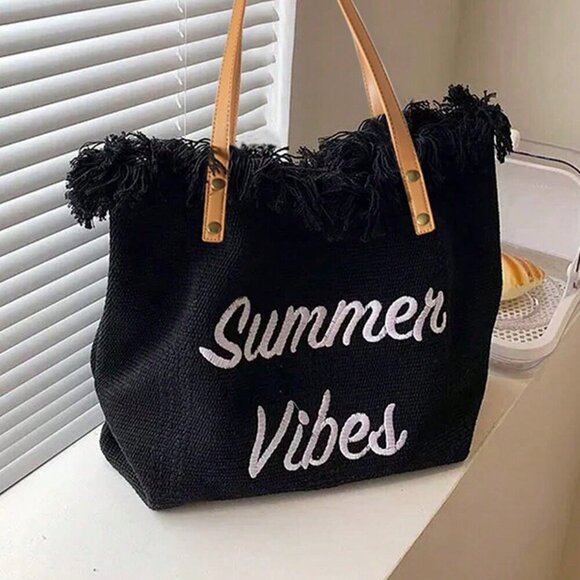 Black Casual Women's Large Capacity Fringed Canvas Tote Bag With Letter Design - Picture 1 of 3